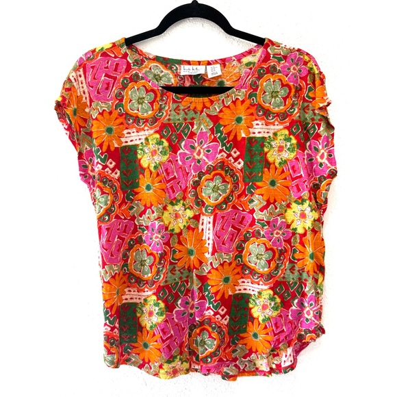 Nicole Miller linen Vibrant Pink and Orange Floral Blouse XL - Picture 1 of 6